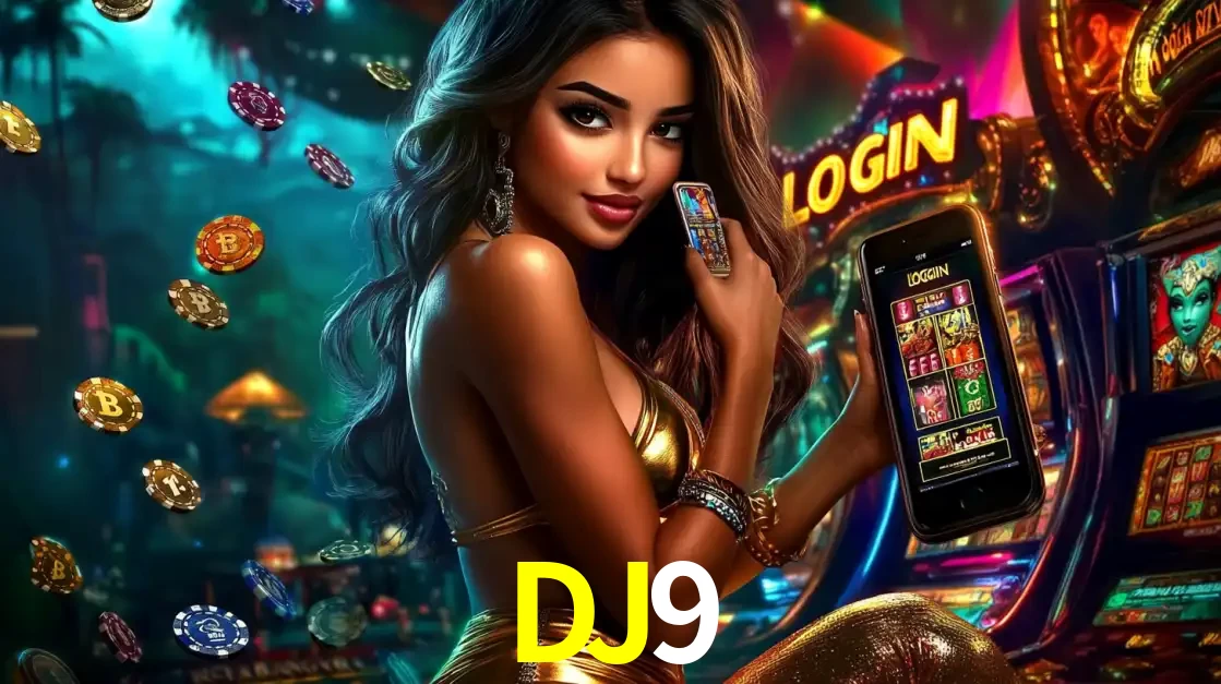 Mulher em um cenário de cassino temático de aventura, mostrando o app de caça-níqueis da DJ9 no celular. Fichas de apostas flutuam ao redor.