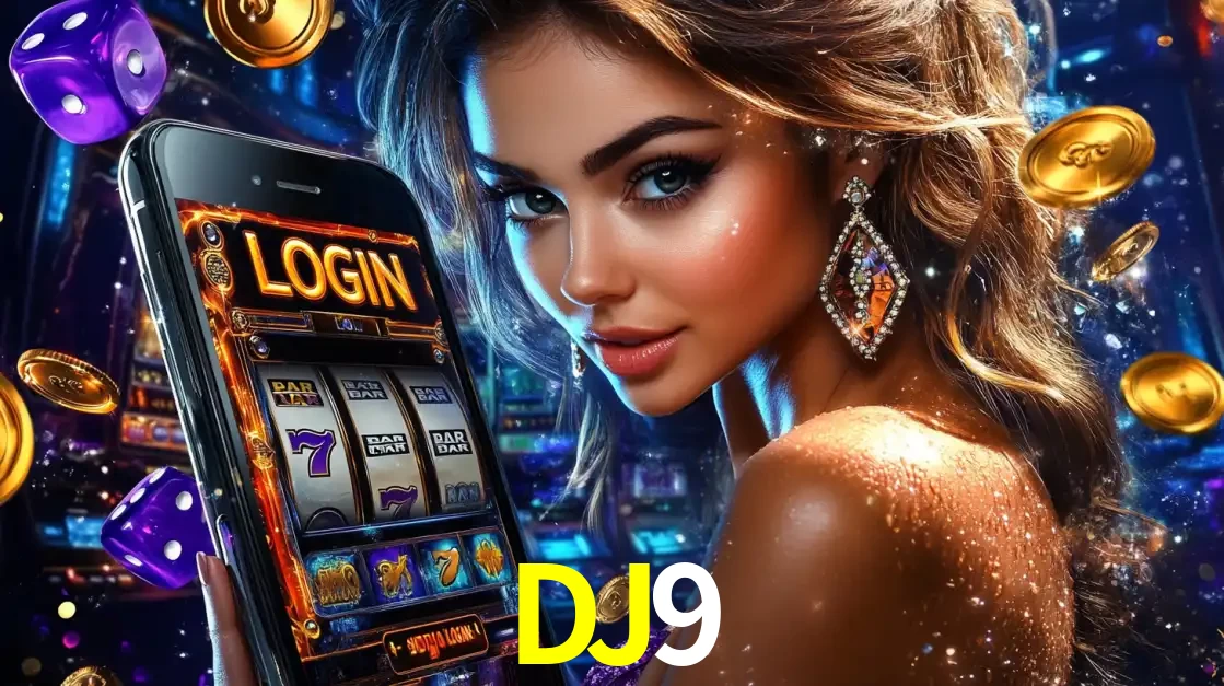 Mulher glamorosa segurando um smartphone com a tela de login para os jogos de caça-níqueis do cassino online DJ9, com moedas de ouro e dados ao redor.