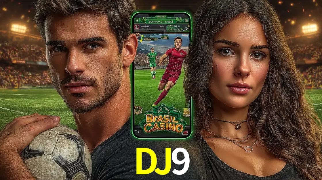 Homem segurando uma bola de futebol e uma mulher ao lado de um smartphone exibindo o jogo de apostas esportivas da DJ9. Faça seu palpite no cassino online.