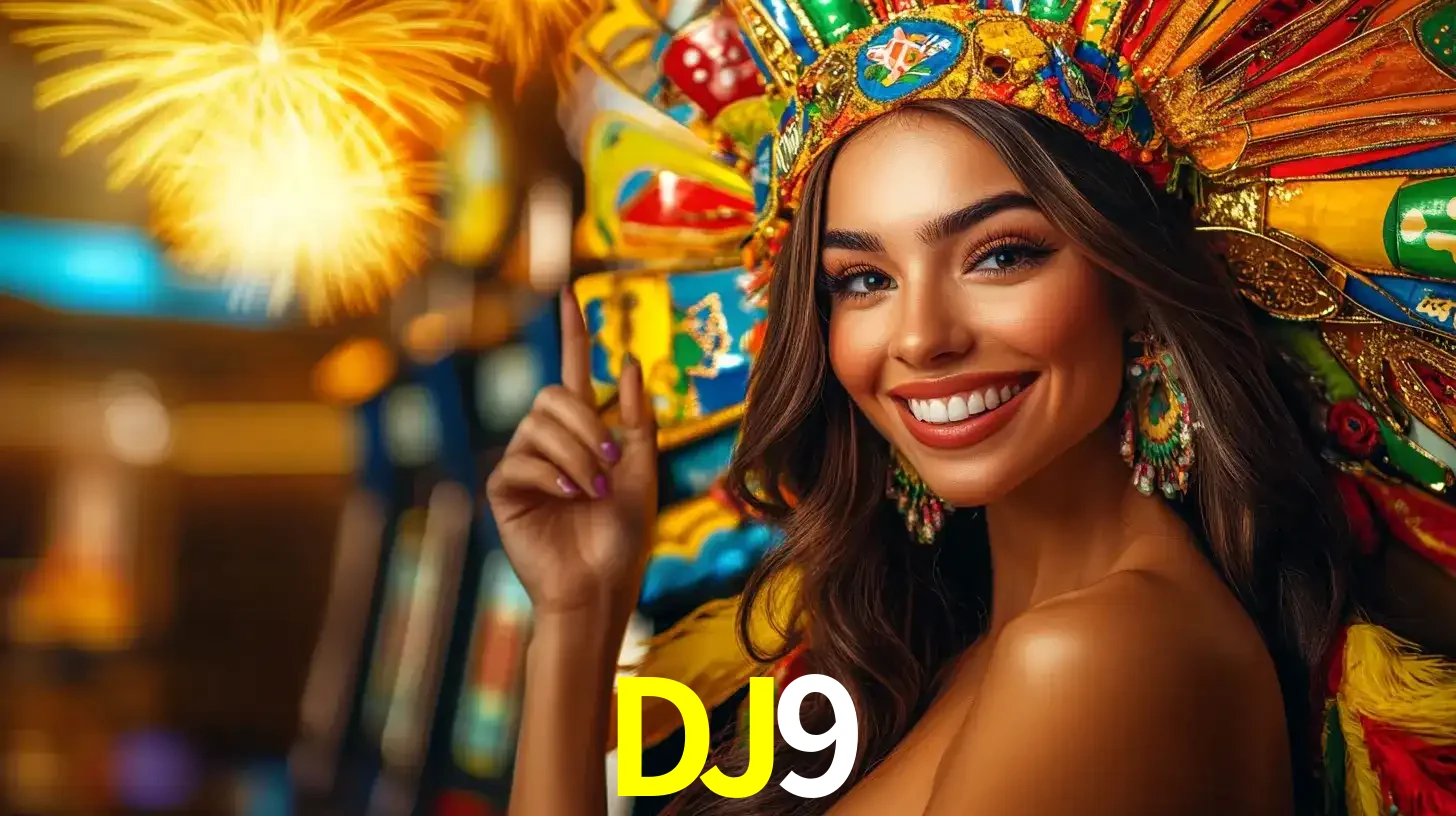 Mulher sorridente com um cocar de carnaval vibrante e colorido, celebrando uma grande vitória nos jogos do cassino DJ9 com fogos de artifício ao fundo.