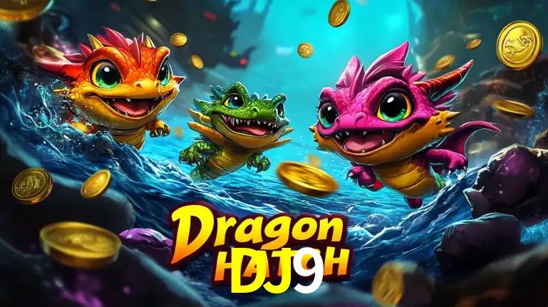 Arte promocional do jogo Dragon Hatch com três adoráveis dragões bebês nadando entre moedas de ouro, um dos slots mais divertidos para jogar no cassino DJ9.