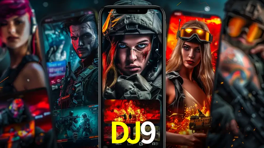 Montagem de telas de celular mostrando diversos personagens, masculinos e femininos, de um jogo de tiro, ilustrando a diversidade de equipes de e-sports para apostar no DJ9.