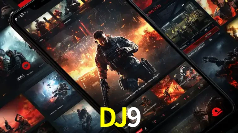 Tela de um celular exibindo uma galeria de jogos de tiro com temática militar, mostrando a variedade de e-sports disponíveis para apostas na plataforma de entretenimento DJ9.