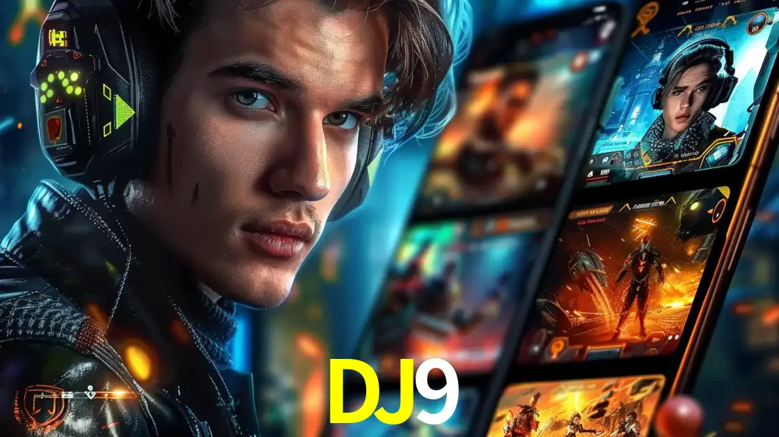 Jovem jogador com fones de ouvido olhando para a câmera, com um aplicativo de jogos e e-sports para celular ao fundo, pronto para a competição e apostas no DJ9.