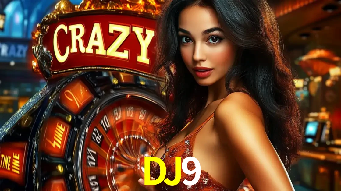 Mulher glamourosa olhando para a câmera com a roda vermelha do Crazy Time ao fundo em um ambiente de cassino, destacando a emoção dos jogos ao vivo no DJ9.