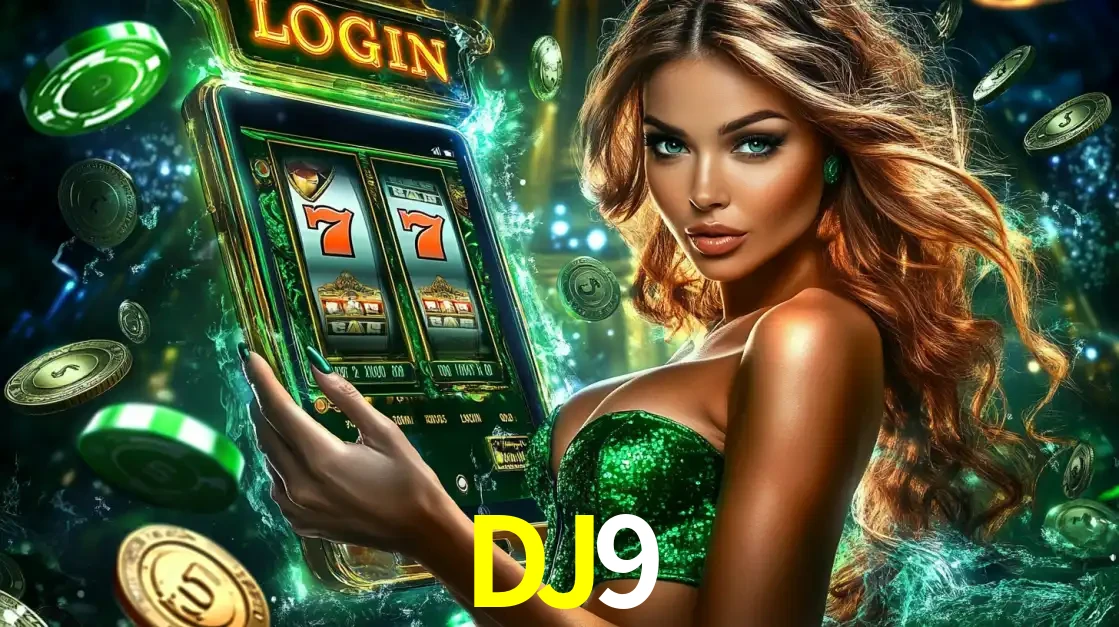 Mulher com tema verde apresentando o aplicativo do cassino DJ9 com um jogo de slot de 777, cercada por fichas de cassino e uma aura de sorte.