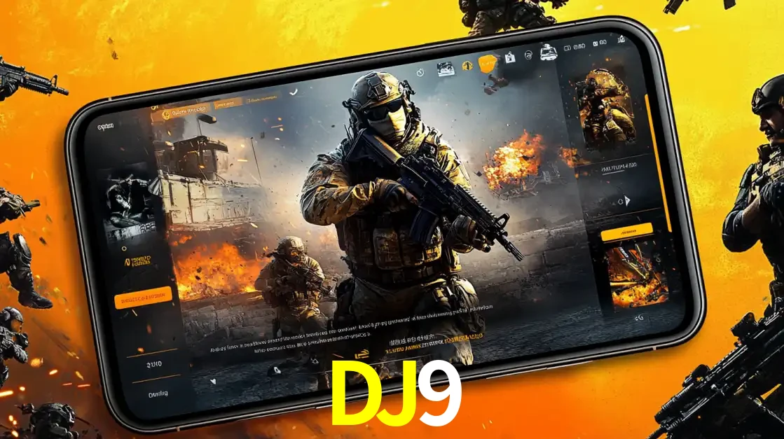Um smartphone exibindo a interface de um jogo de tiro em primeira pessoa, com um soldado em um cenário de batalha, representando a ação dos e-sports para apostar no DJ9.