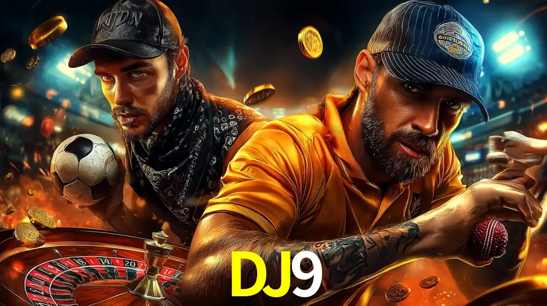 Montagem de apostas esportivas e cassino no DJ9, com um homem segurando uma bola de futebol e outro uma de beisebol sobre uma roleta e moedas voadoras.