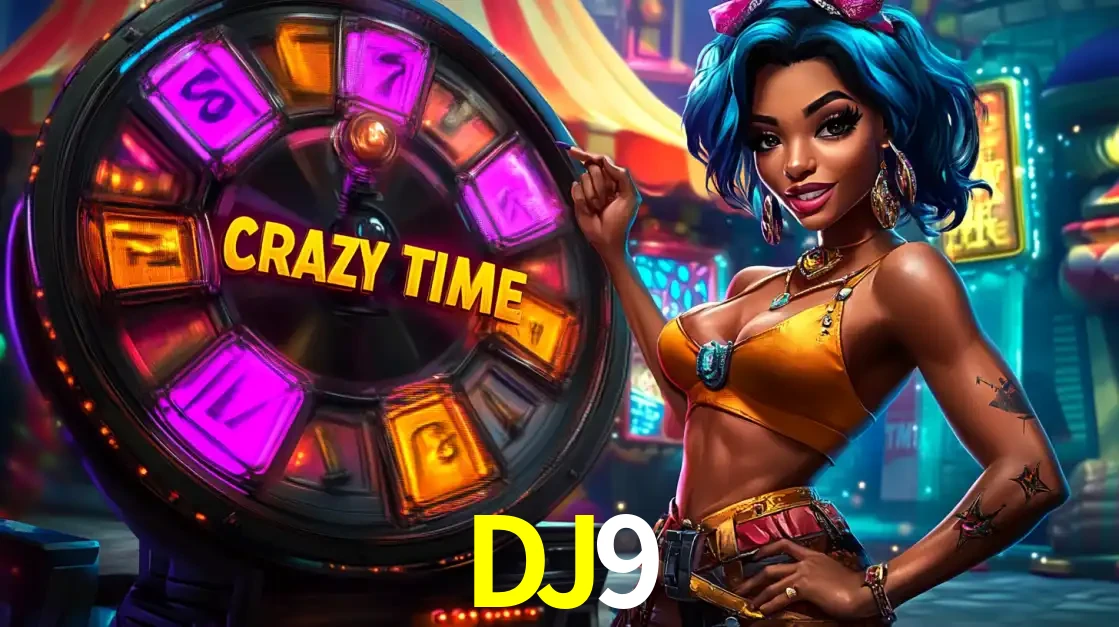 Mulher estilizada com cabelo azul e visual vibrante posando ao lado da roda de prêmios do game show Crazy Time, convidando para a diversão e os bônus do cassino DJ9.