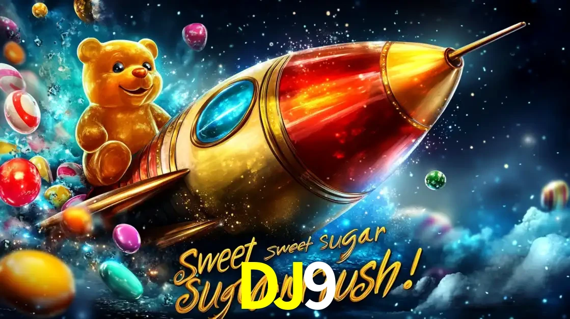 Arte promocional do jogo de slot Sugar Rush, com um urso de pelúcia em um foguete viajando pelo espaço de doces, um dos jogos divertidos disponíveis no cassino DJ9.