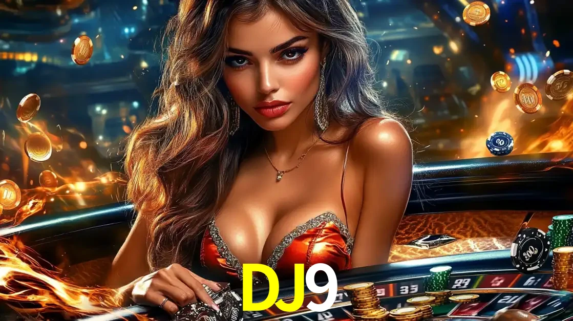 Mulher glamourosa em uma mesa de roleta com um fundo de chamas e moedas voadoras, pronta para fazer sua aposta e ganhar grandes prêmios no cassino ao vivo DJ9.