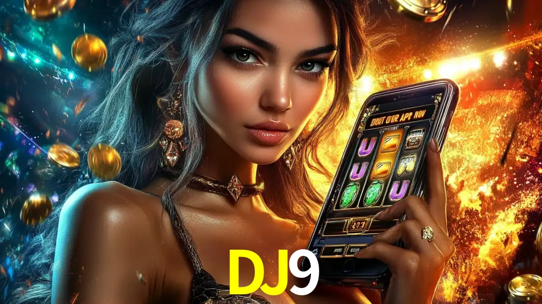 Mulher elegante mostrando um jogo de caça-níqueis em seu smartphone, destacando a experiência de cassino móvel oferecida pelo aplicativo DJ9.