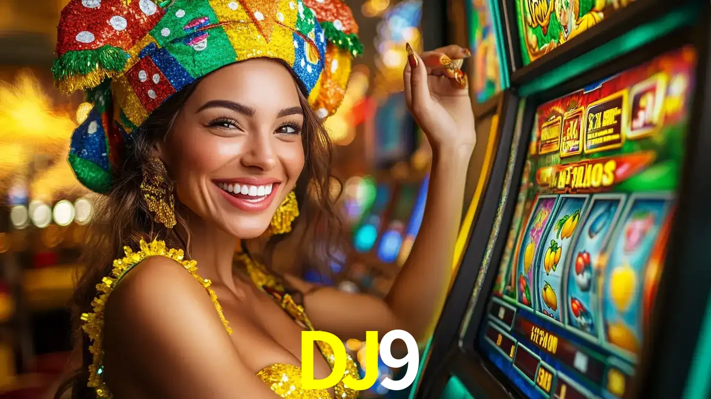 Mulher feliz com traje de carnaval amarelo e colorido ao lado de uma máquina de caça-níqueis, aproveitando a diversão e os jogos temáticos do cassino DJ9.