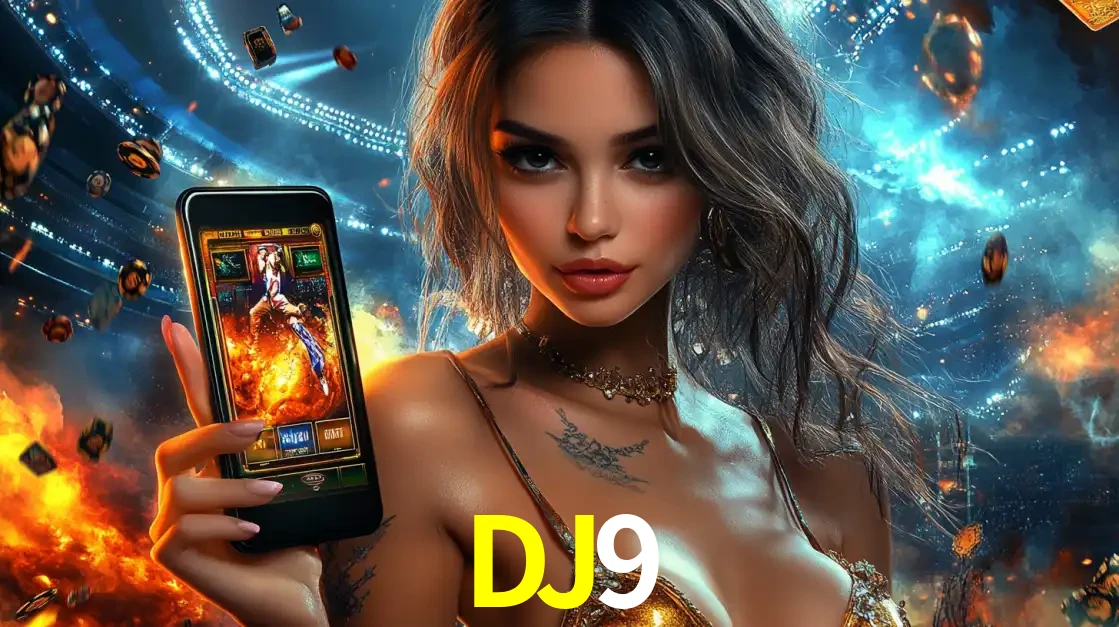 Mulher segurando um celular com um jogo de slot em destaque, tendo como fundo um estádio vibrante, simbolizando a emoção de jogar no cassino móvel DJ9.