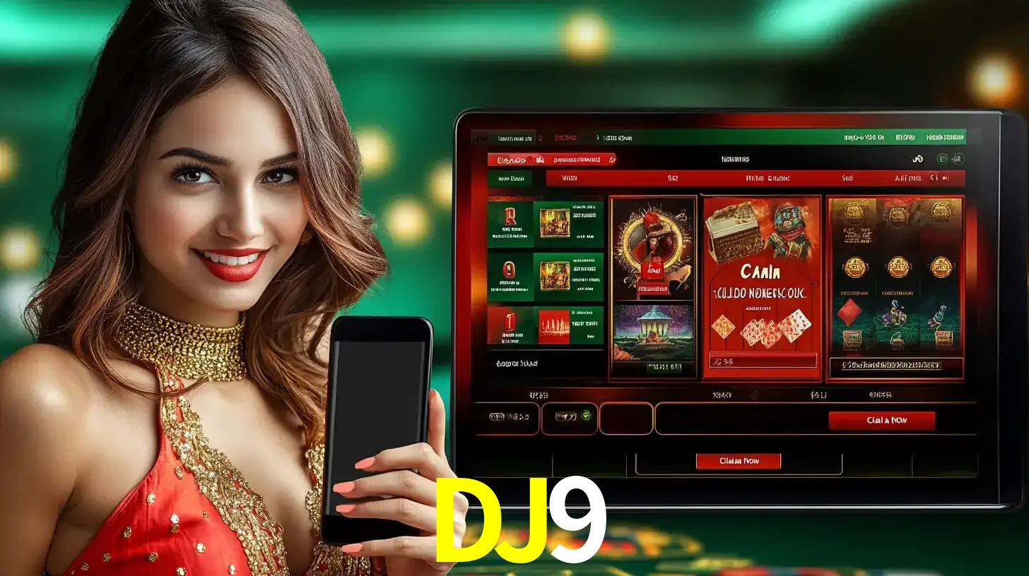 Mulher sorridente segurando um smartphone, ao lado de uma tela exibindo o lobby de jogos do cassino online DJ9, com várias opções de jogos de cartas e slots.